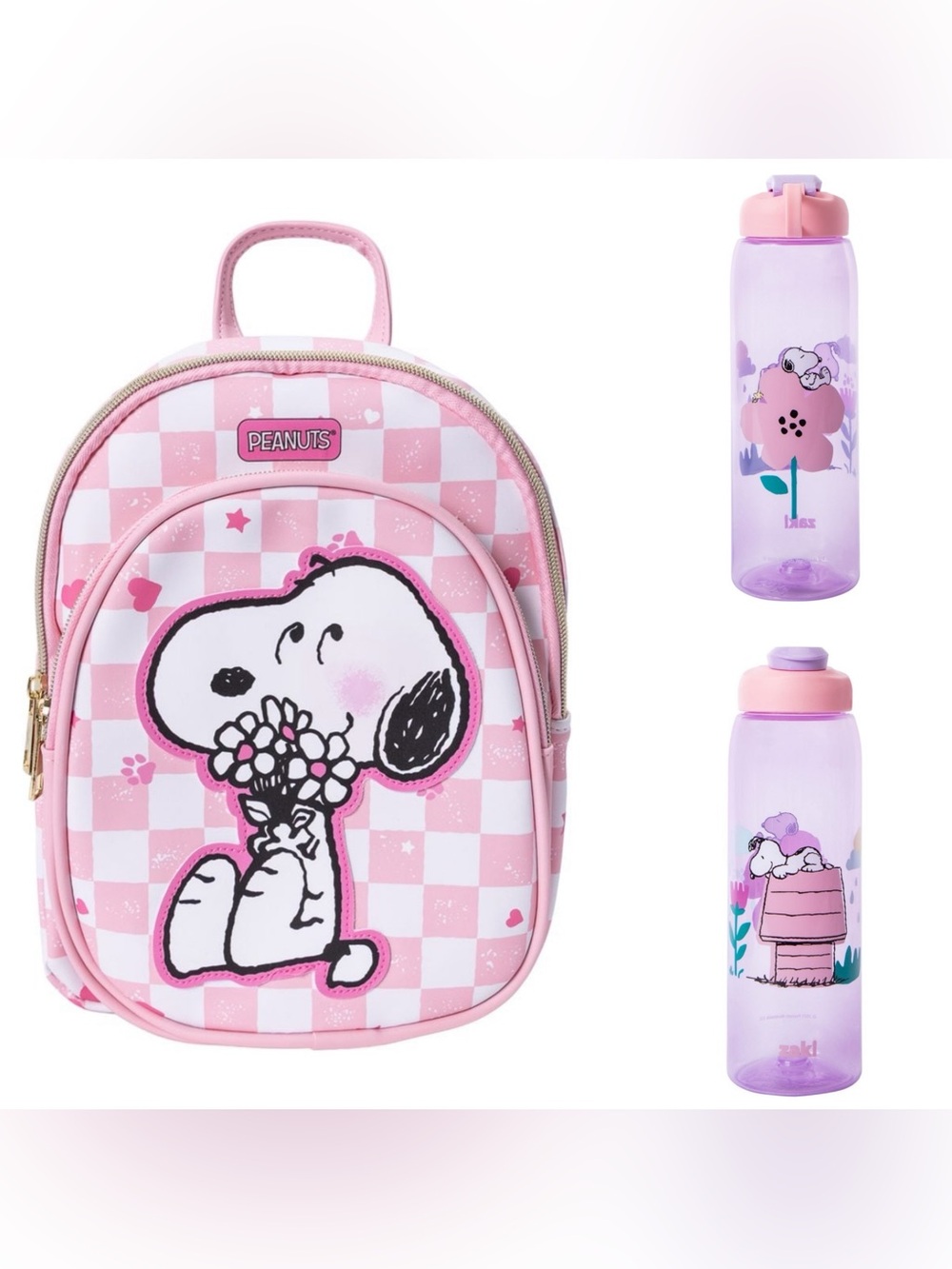 Peanuts Pink Checkered Snoopy Backpack & Zak Drink Cup